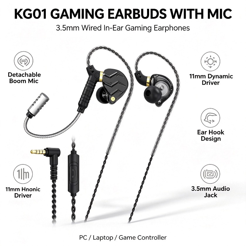 Pc Gaming Earbuds - Earbuds with Mic Wired Gaming Detachable